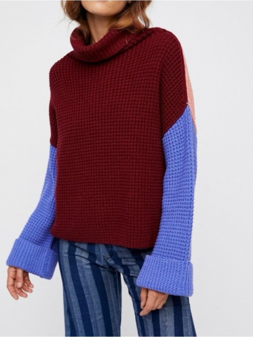 Free People Comfy Cowl Neck Sweater in Pink and Burgundy - Picture 2 of 9